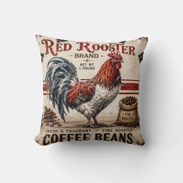 Coussin Red Rooster Coffee Beans Rustic Farmhouse (Recto)