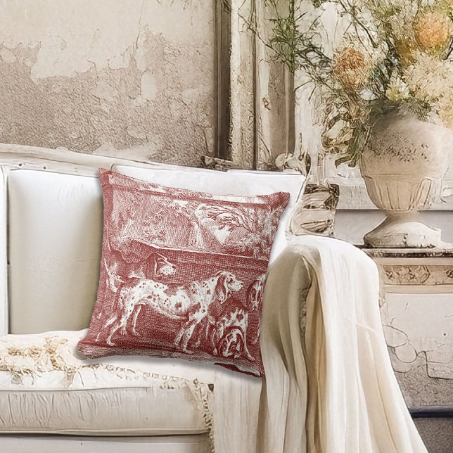 Coussin Red Toile de Jouy Chasse Chiens en Campagne (Créateur téléchargé)