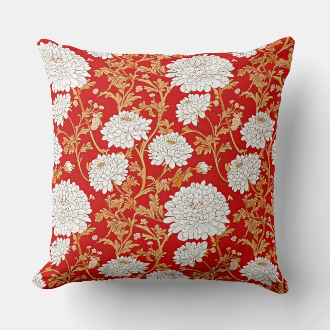Coussin Red White and Gold Japanese Chrysanthemum Floral (Recto)