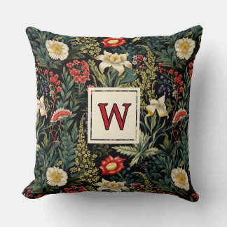 Coussin Red White Green Lilies Dahlias Floral Monogram