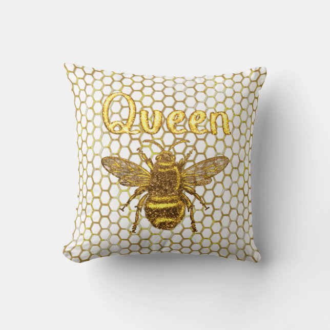 Coussin Reine Abeille Étincelante Or Hexagone Rucher Colli (Recto)