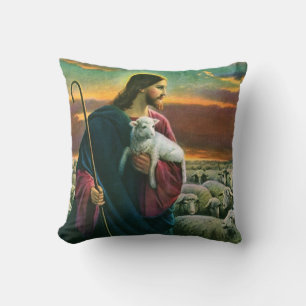 Coussin Religion vintage, Christ Bon Pasteur avec troupeau