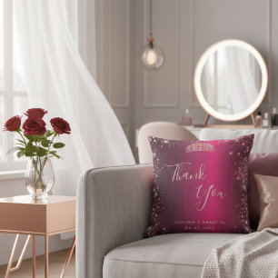 Coussin Remerciement Rose Gold Floral Burgundy Sweet 16