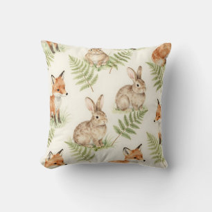 Coussin Renard à l'aquarelle et motif de forêt aux lapins