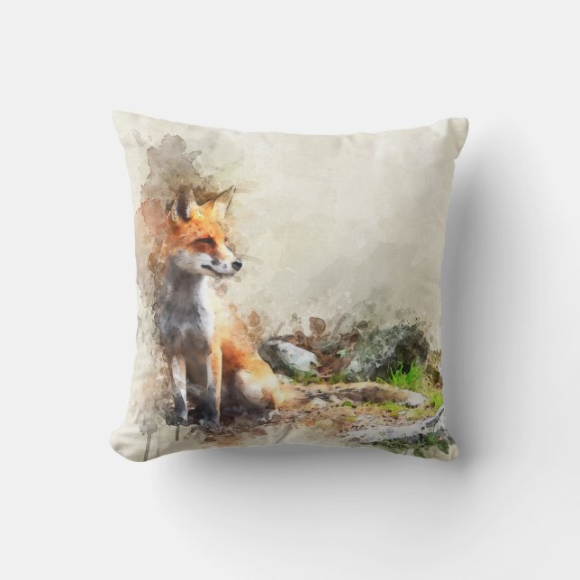 Coussin Renard aquarelle en forêt (Recto)