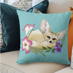 Coussin Renard Fennec Fleurs Roses Violettes Mignon Botani