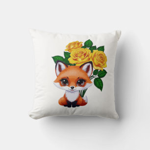 Coussin Renard mignon avec Roses Jaunes