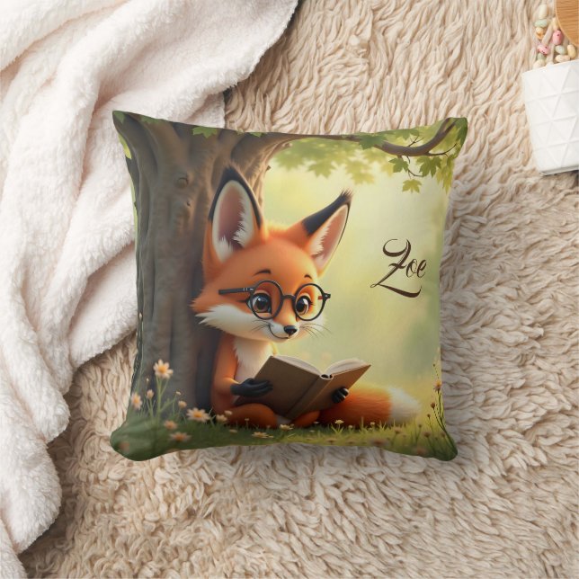Coussin Renard mignon lisant un livre, enfants personnalis (Couverture)