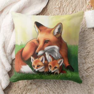 Coussin Renard rouge Mère et Kits dans l'herbe
