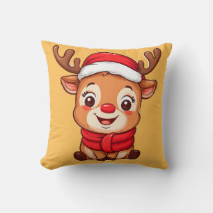 Coussin Renne de dessin animé adorable avec un chapeau de 