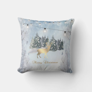Coussin Renne en or,Forêt,Lumières Guirlandes Paysage 