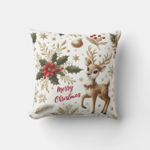 Coussin Rennes mignons, houx de Noël, poinsettias