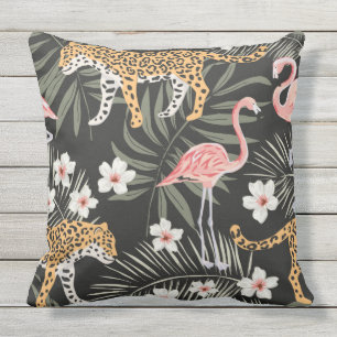Coussin Reposez le noir/rose tropicaux noirs de Flamant
