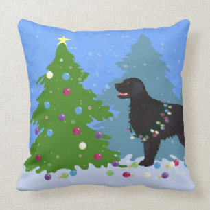 Coussin Retriever à revêtement plat noir - Forêt de Noël