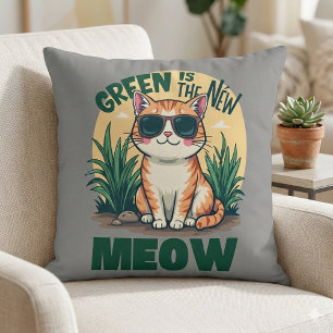 Coussin Rétro "Green is the New Meow" Cool Chat Nature Art
