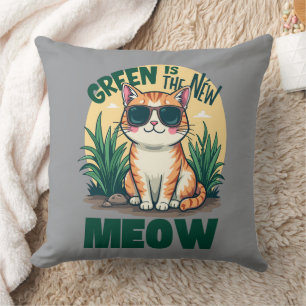 Coussin Rétro "Green is the New Meow" Cool Chat Nature Art
