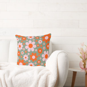 Coussin Rétro Groovy années 70 motif de marguerite orange 