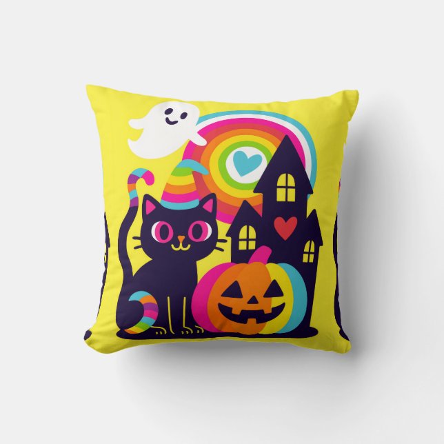 Coussin Retro Halloween Kawaii Chat noir, design Citrouill (Recto)