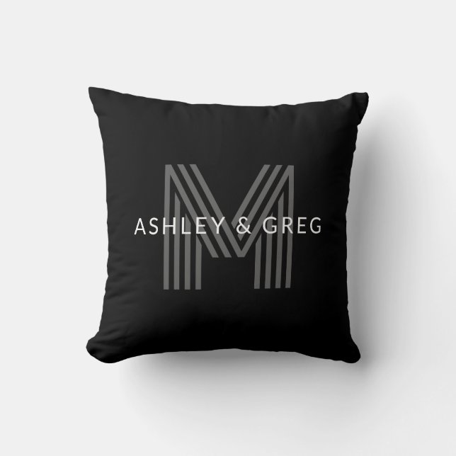 Coussin Retro Moderne Nom/s Monogramme modifiable Noir et  (Recto)