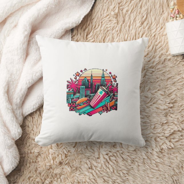 Coussin Retro Neon Cityscape avec Vibes de restauration ra (Couverture)
