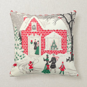 Coussin Rétro scène vintage de Noël peu de Chambre roug