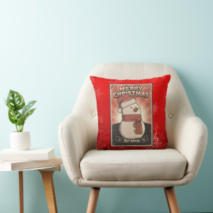 Coussin Retro Vintage Man Cave Noël Snowman Rouge