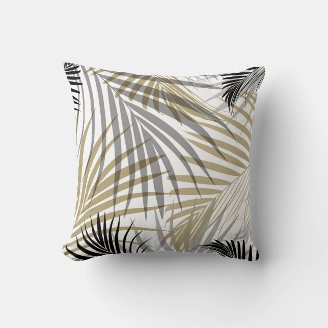 Coussin Rêve des Feuilles de palmiers noirs gris-or - Cali (Recto)