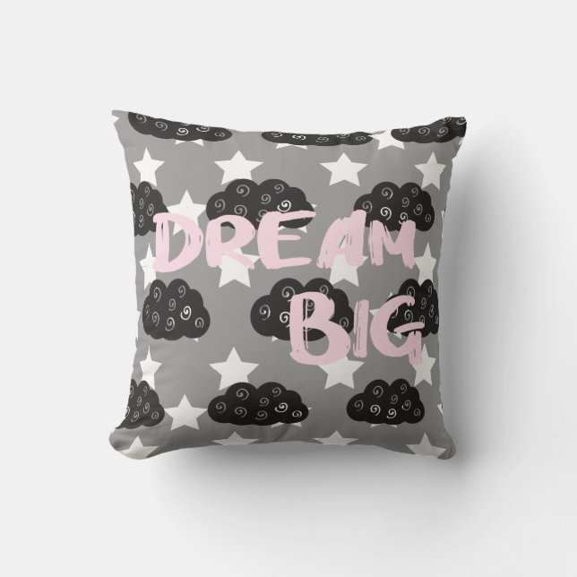 Coussin Rêver Grand Gris et Brosse Blush Script Jeter Orei (Recto)