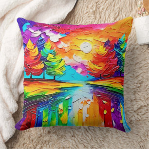 Coussin Rêves de coucher de soleil dans la forêt arc-en-ci