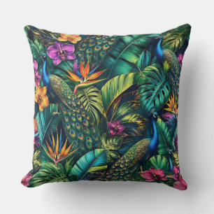 Coussin Rêves de jungle de paon Motif de surface transpare