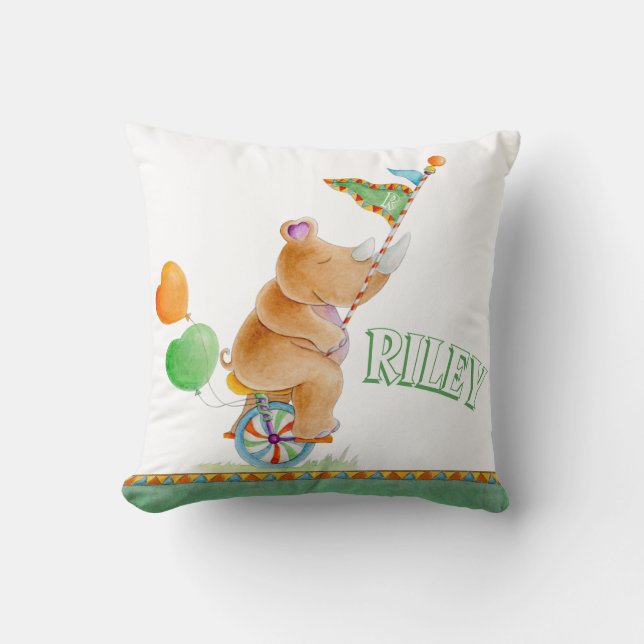 Coussin Rhinoceros unicycle aquarelle nom du cirque coussi (Recto)