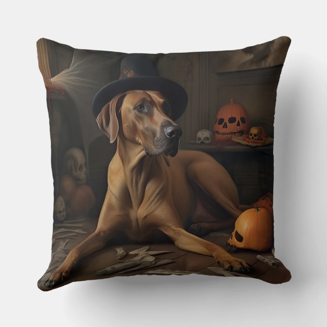 Coussin Rhodesian Ridgeback Citrouilles Halloween effrayan (Verso)