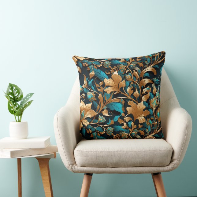 Coussin Riche, Vibrant, Or, Turquoise, Feuilles automnales (Chaise)