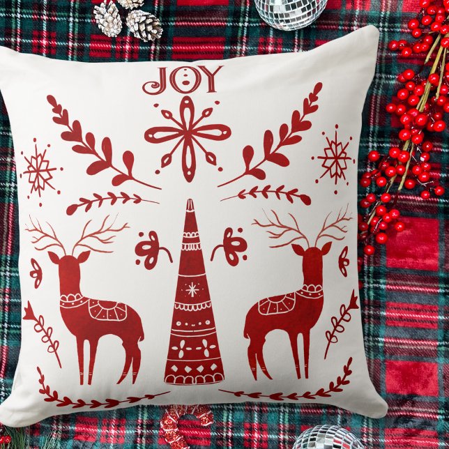Coussin Rindeer Noël Rouge et blanc Nordique Aquarelle (Reindeer Christmas Red and White Nordic Watercolor Throw Pillow)