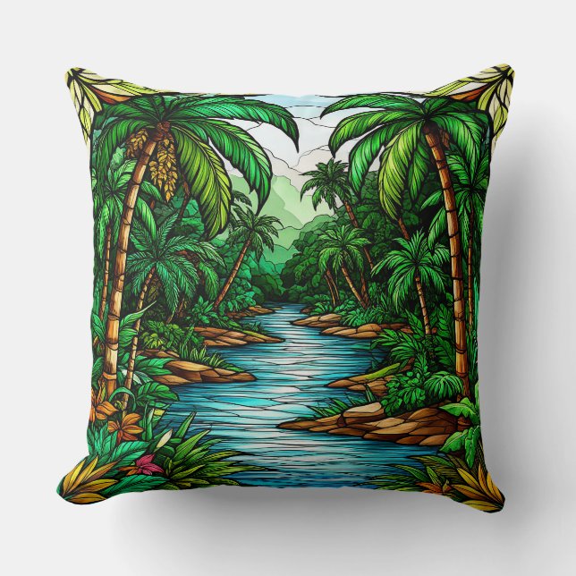 Coussin Rivière tropicale et palmiers dans une jungle vibr (Recto)