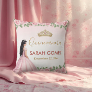 Coussin Robe de princesse rose couronne dorée Quinceañera