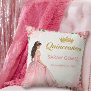 Coussin Robe de princesse rose couronne dorée Quinceañera