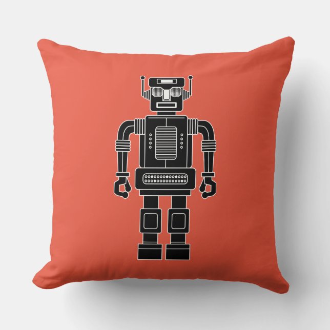 Coussin Robot 270620/04 - Noir et blanc sur rouge orange (Recto)