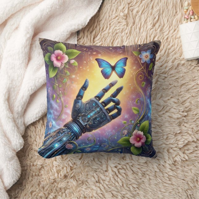 Coussin Robotic Hand & Butterfly AI Nature Harmony  (Couverture)