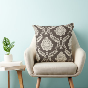 Coussin Rococo Damassé Décalé 2Voies Motif Marron+Crème