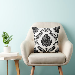 Coussin Rococo Damassé Grand Motif Noir sur Blanc