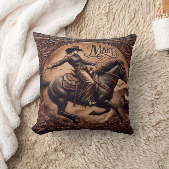Coussin RODEO Cowboy Mary Roping à cheval au coucher du so (Couverture)