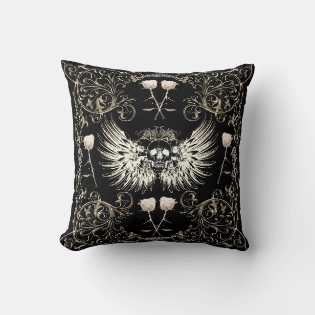 Coussin Romance gothique victorienne Ailes du crâne et ros (Recto)