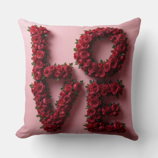 Coussin Romantic Red Rose 'LOVE' Floral Pillow (Recto)