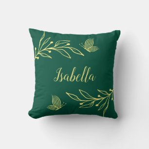 Coussin Romantique élégant fleur d'or vert émeraude