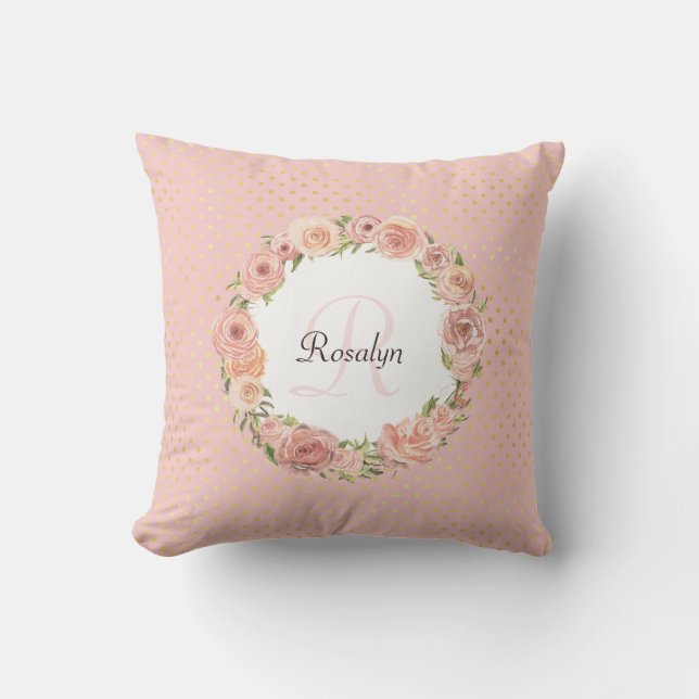 Coussin Romantique or pointillé Rose Floral Nom monogrammé (Recto)