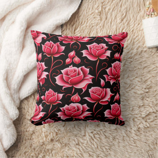 Coussin romantique rouge et noir botanique et fleurs