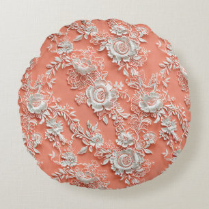 Coussin rond à effet dentelle floral gras Coral