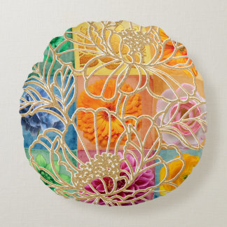 Coussin rond à mosaïque florale dorée