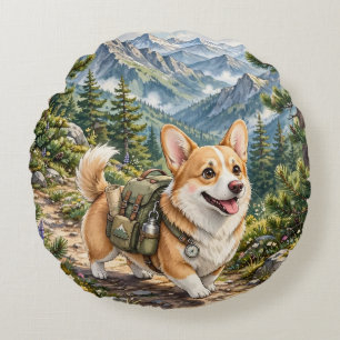 Coussin rond aquarelle de Corgi randonnée en monta